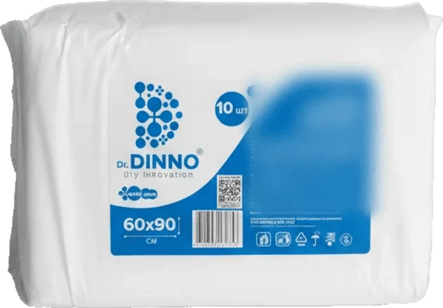 Упаковка и развёрнутая пелёнка — пелёнки одноразовые впитывающие DR. DINNO 60×90 см, 10 шт