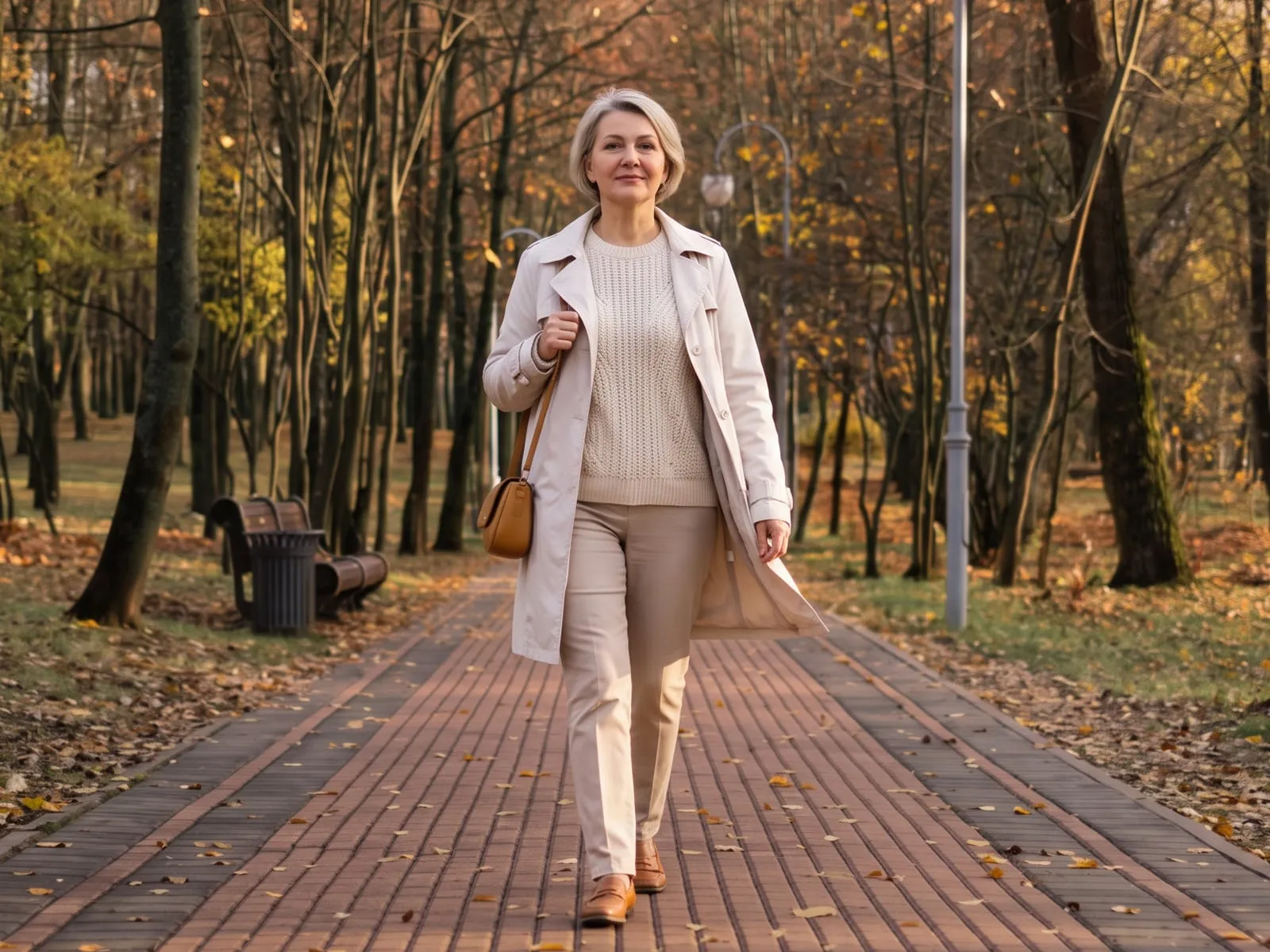Женщина около 55 лет в светлых брюках гуляет по осеннему парку — трусы-подгузники для женщин DR. DINNO